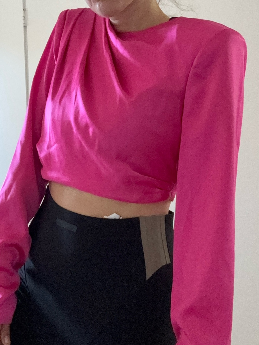 cinq a sept Hot Pink Satin Long-Sleeve Crop Top
